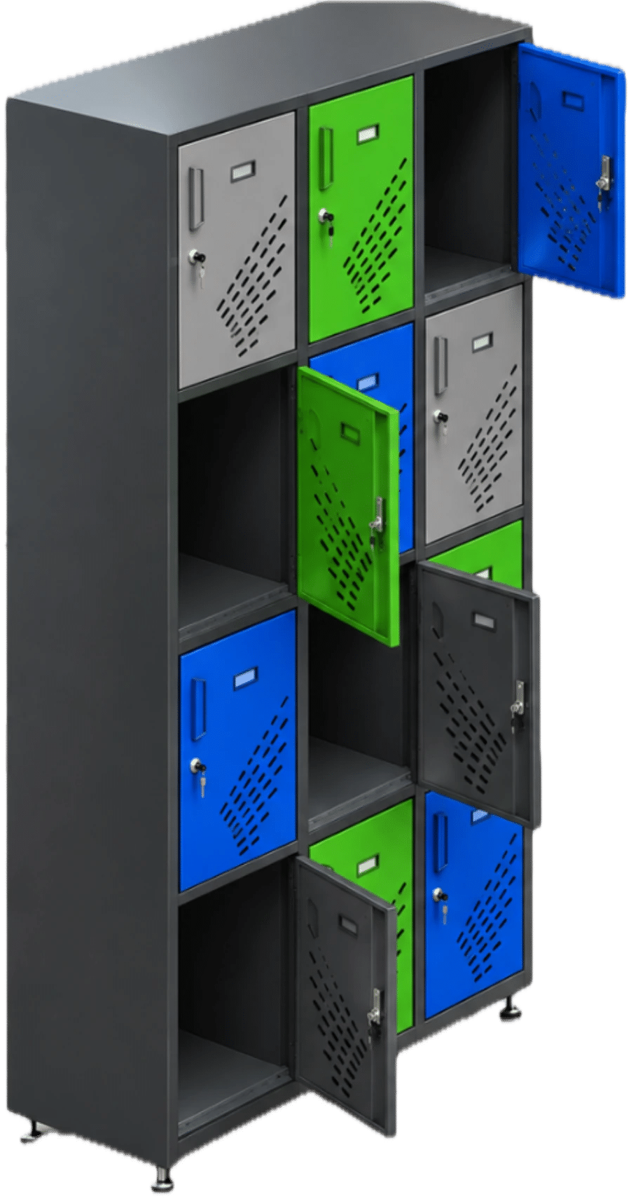 Locker metálico de 4 cuerpos con puertas grises, verdes y azules, troquelado tipo manija y ventilación